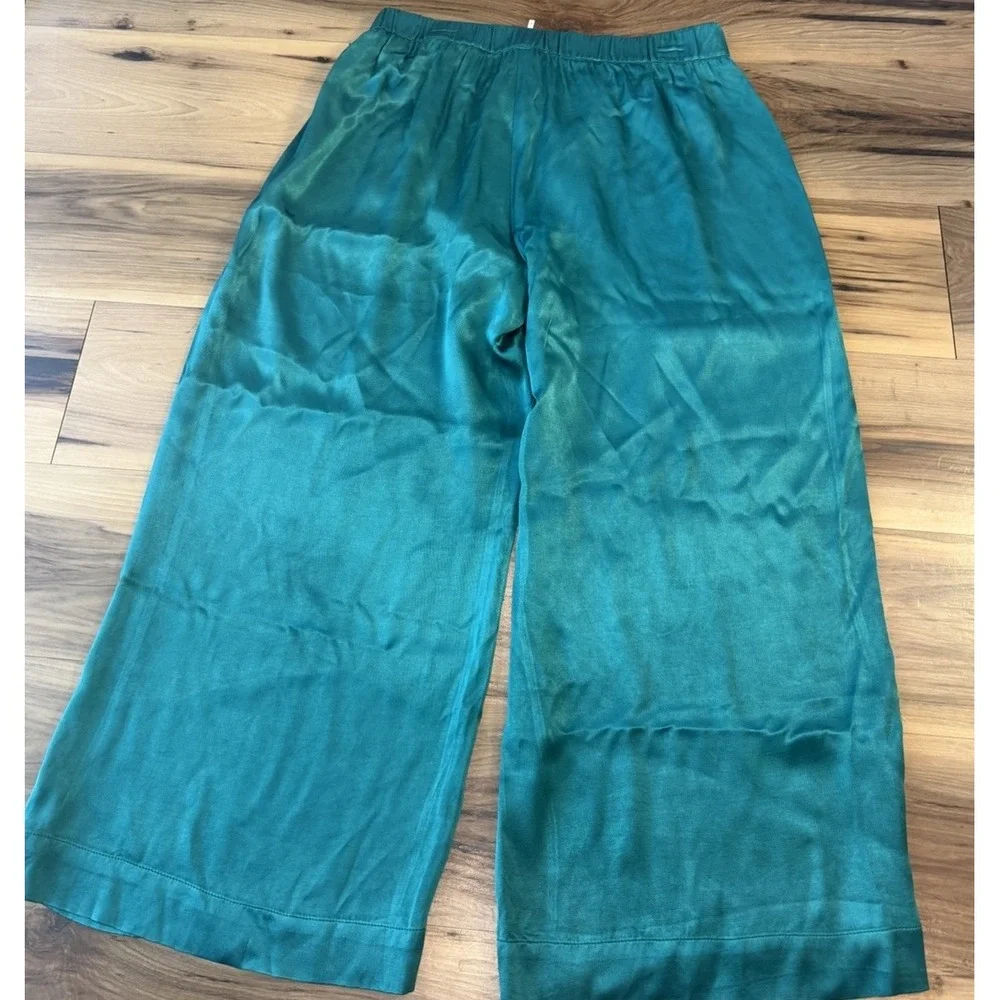💚Free People Satin Palazzo Pants L Emerald Green Wide Leg High Rise Viscose